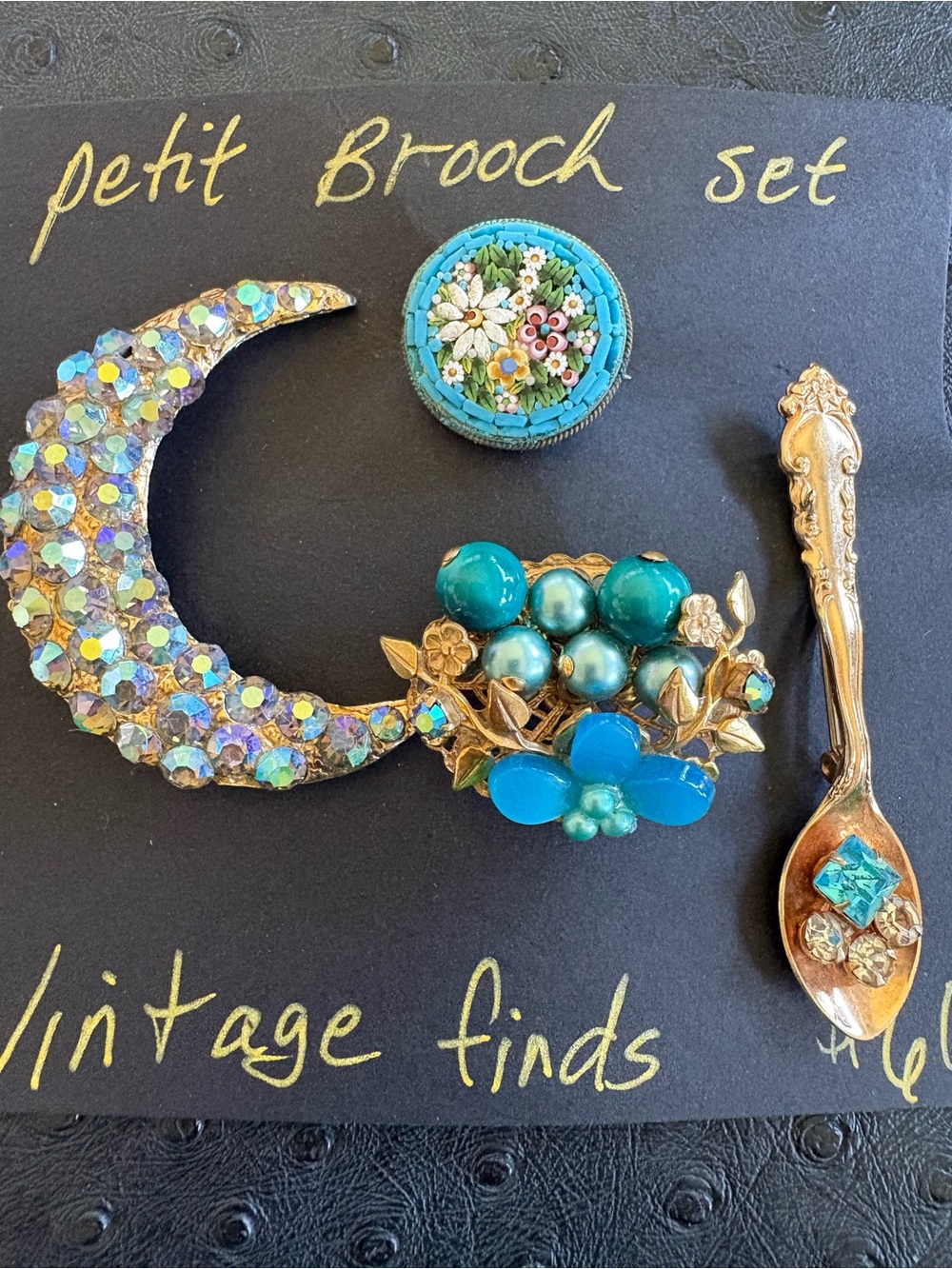 Vintage Blue & Turquoise Brooch Set - Petite Floral & Moon Pins